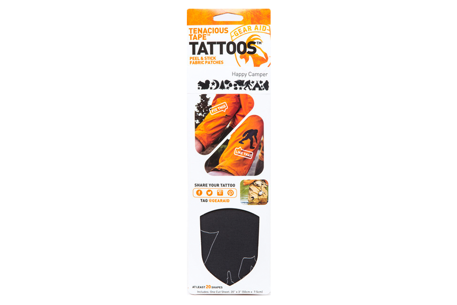 <strong>Tenacious Tattoos</strong> by Gear Aid
<p>Gear is going to rip, clothing will tear, and embers from the fire are going to burn holes through stuff - it’s camping and it’s going to happen. These adhesive patches provide an instant fix to such damage on outdoor gear and fabrics, and themed patterns will be a welcome relief from tired duct-tape patchwork.
<p>
<a href="https://amzn.to/1RlqRTm">$9 - Buy the Gear Aid Tenacious Tattoos</a>